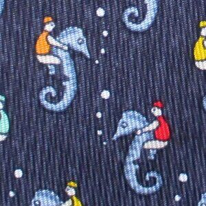 100% REAL HERMES TIE ~ DARK BLUE w WHIMSICAL FUN BLUE & RED SEA HORSE JOCKEYS XL